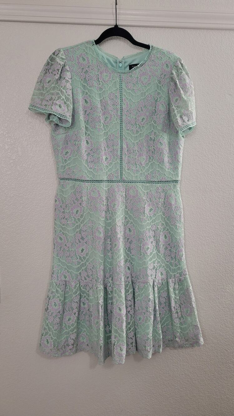 Tahari ASL Lace Dress Size 12 Mint Green Lavender Floral Fit & Flare Tea Party